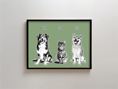 Black & White Portrait - Multiple Pets